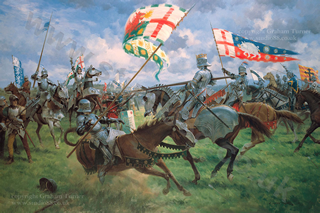 Painting of a horse charging aith flags flying